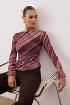 Bordo Ekoseli Kayık Yaka Asimetrik Detaylı Fitted/vücuda Oturan Örme Bluz TWOAW26BZ00128