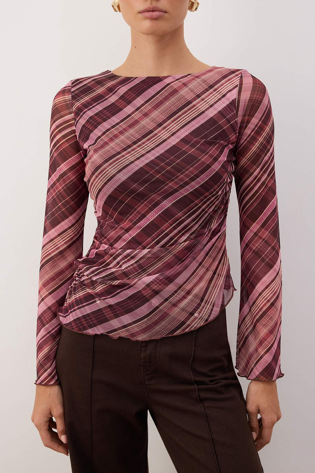 Bordo Ekoseli Kayık Yaka Asimetrik Detaylı Fitted/vücuda Oturan Örme Bluz TWOAW26BZ00128