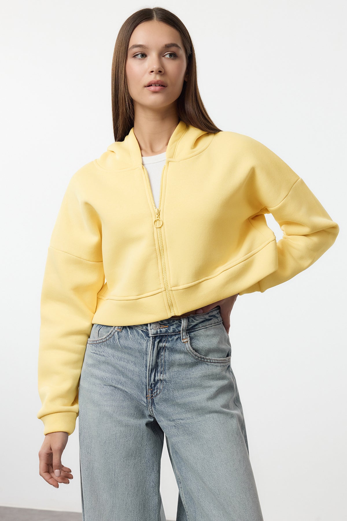 Açık Sarı Fermuarlı Kapüşonlu Rahat Kesim Crop Kalın İçi Polarlı Örme Sweatshirt TWOAW20SW0660 Main image