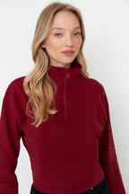 Bordo Selanik/Triko Görünümlü Fermuarlı Yaka Regular/Normal Kalıp Örme Sweatshirt TWOAW22SW0732