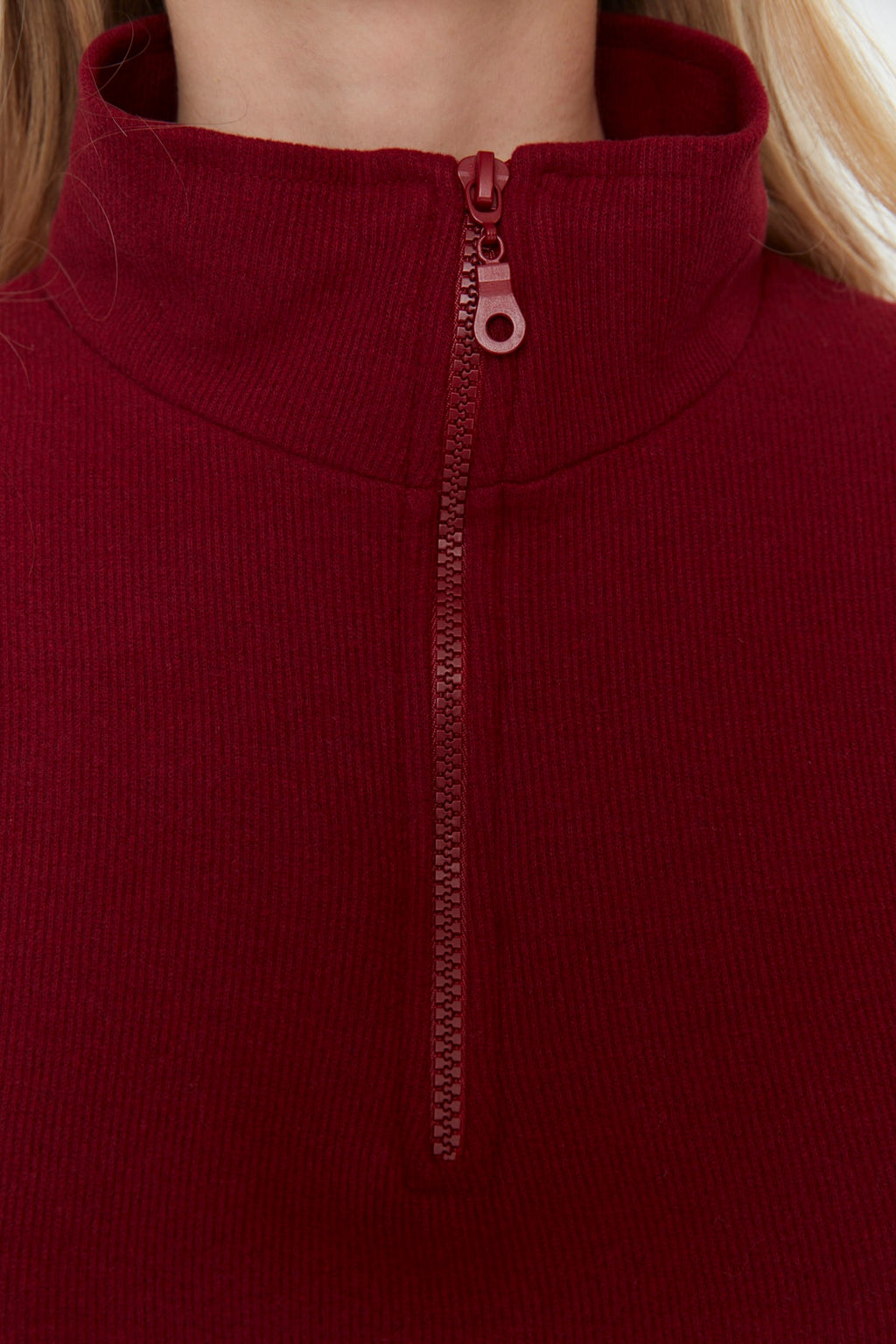 Bordo Selanik/Triko Görünümlü Fermuarlı Yaka Regular/Normal Kalıp Örme Sweatshirt TWOAW22SW0732
