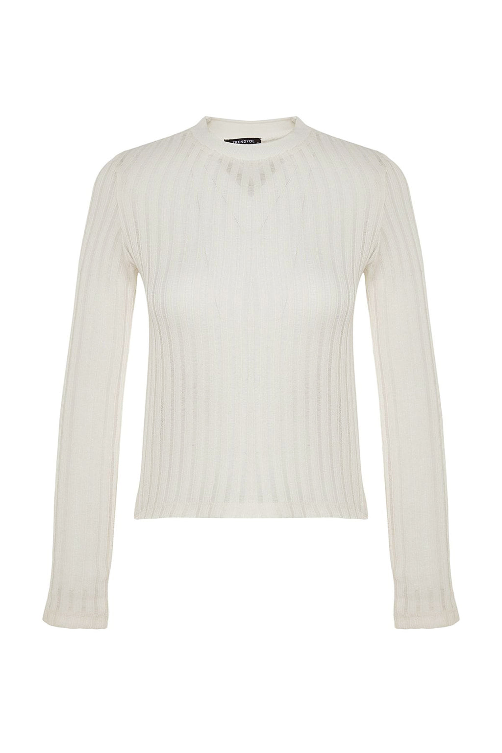 Ekru Transparan Triko Görünümlü Kumaş Regular Boy Bisiklet Yaka Örme Bluz TWOAW24BZ00094