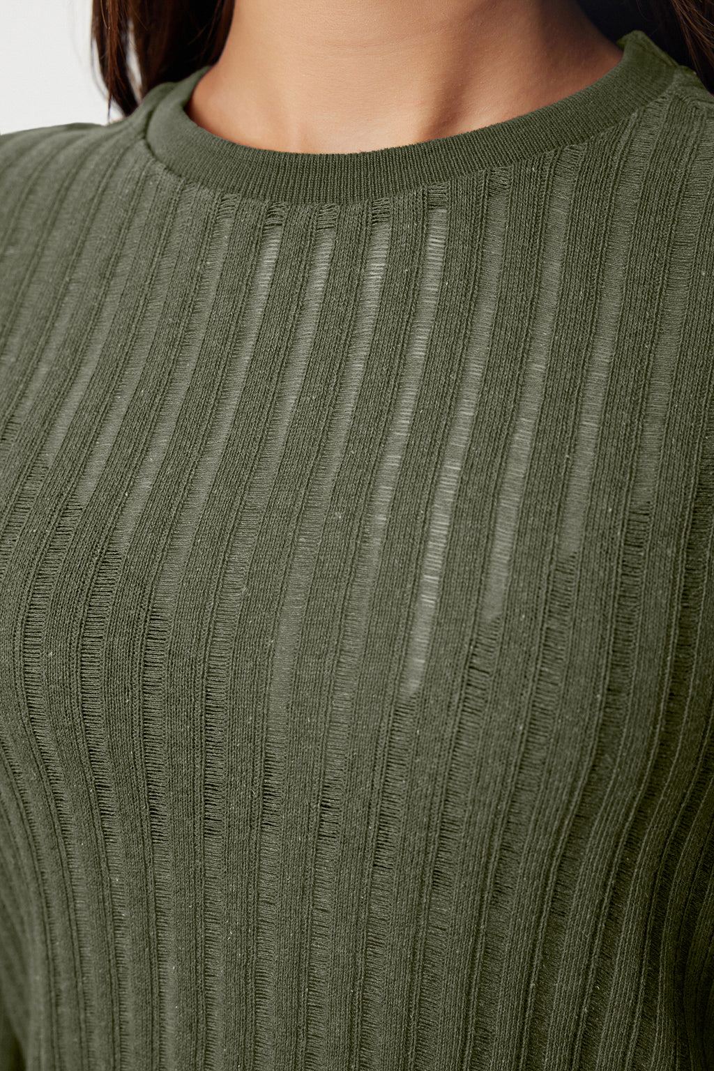 Haki Transparan Triko Görünümlü Kumaş Regular Boy Bisiklet Yaka Örme Bluz TWOAW24BZ00094