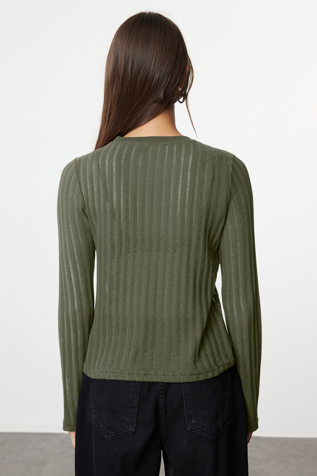 Haki Transparan Triko Görünümlü Kumaş Regular Boy Bisiklet Yaka Örme Bluz TWOAW24BZ00094