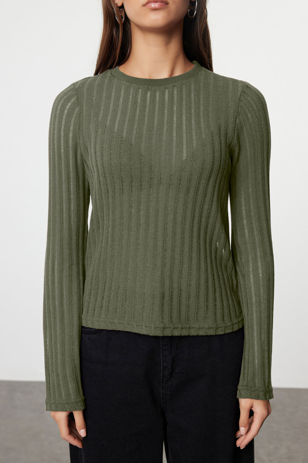 Haki Transparan Triko Görünümlü Kumaş Regular Boy Bisiklet Yaka Örme Bluz TWOAW24BZ00094