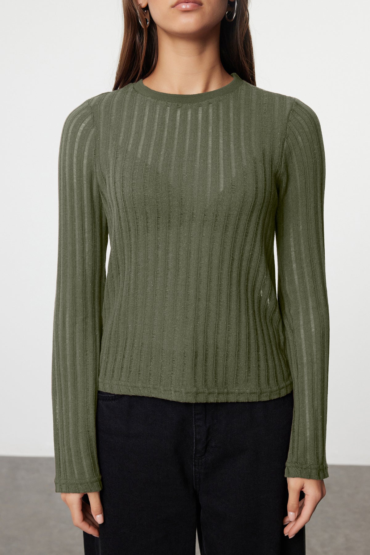 Haki Transparan Triko Görünümlü Kumaş Regular Boy Bisiklet Yaka Örme Bluz TWOAW24BZ00094