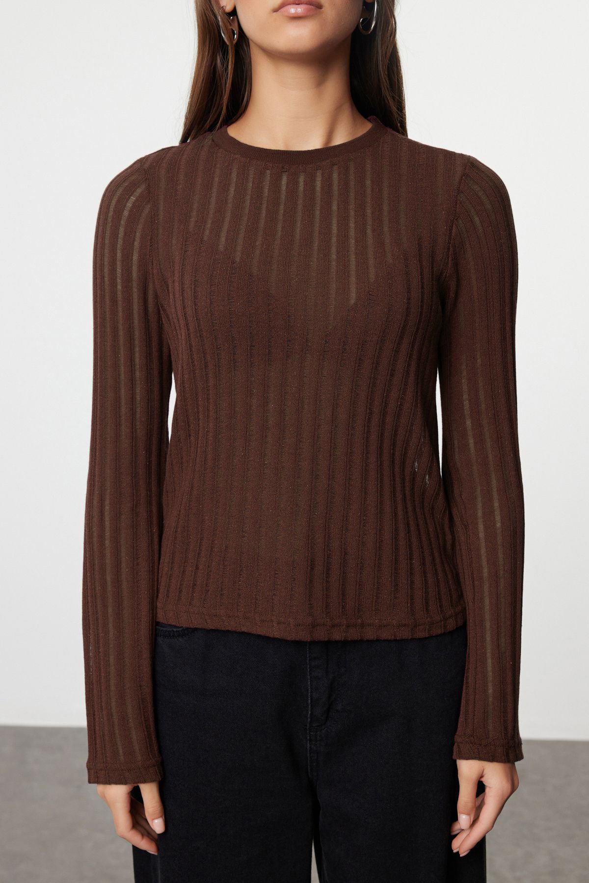 Koyu Kahverengi Transparan Triko Görünümlü Kumaş Regular Boy Bisiklet Yaka Örme Bluz TWOAW24BZ00094