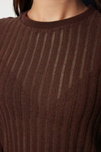 Koyu Kahverengi Transparan Triko Görünümlü Kumaş Regular Boy Bisiklet Yaka Örme Bluz TWOAW24BZ00094