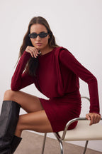 Bordo Vatkalı Drapeli Fitted/Vücuda Oturan Mini Esnek Örme Kalem Elbise TWOAW24EL00821