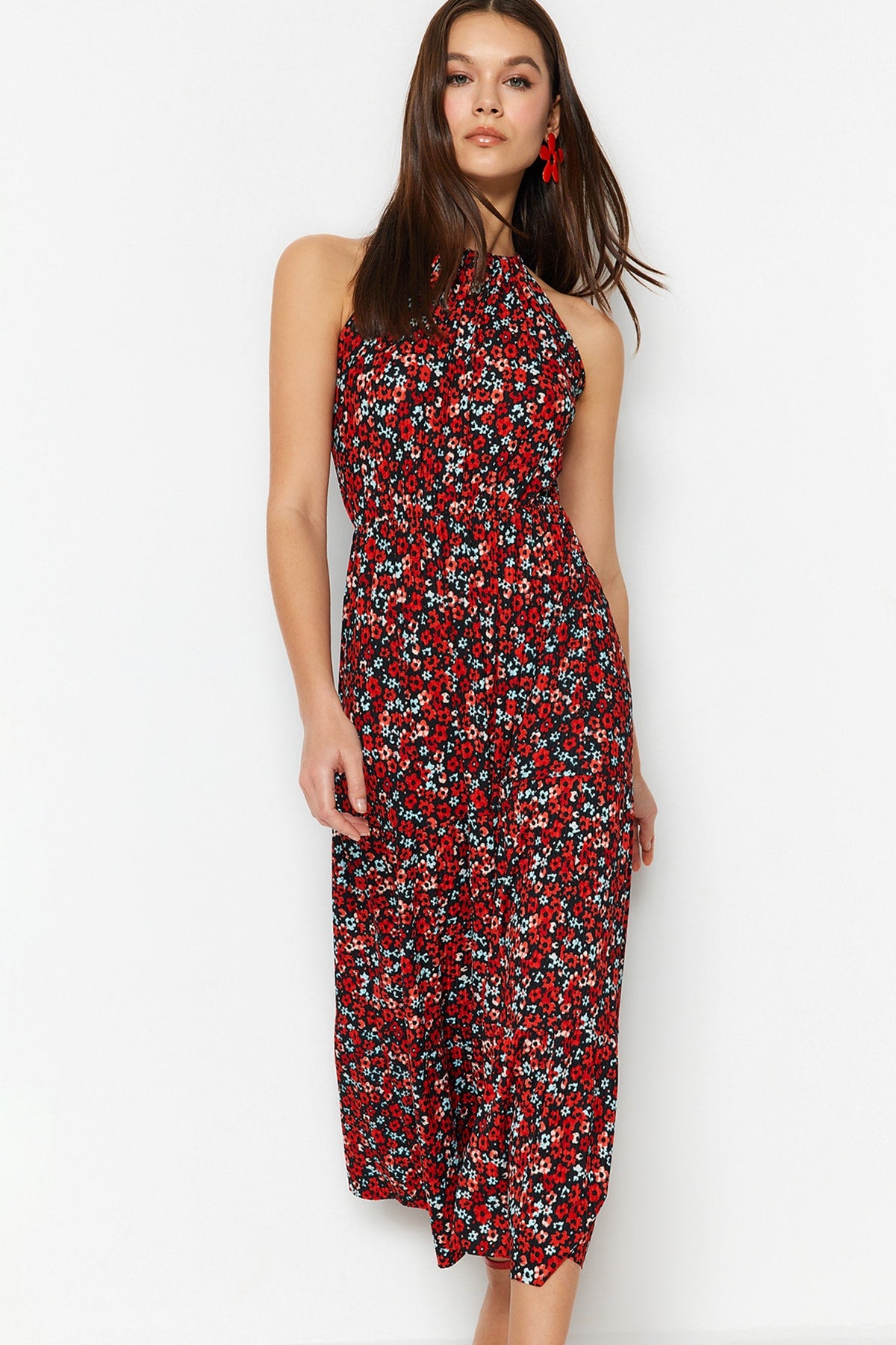 Çok Renkli Çiçek Desenli Boyundan Bağlamalı Baskılı A-Line Maxi Örme Elbise TWOSS23EL00705