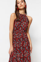 Çok Renkli Çiçek Desenli Boyundan Bağlamalı Baskılı A-Line Maxi Örme Elbise TWOSS23EL00705