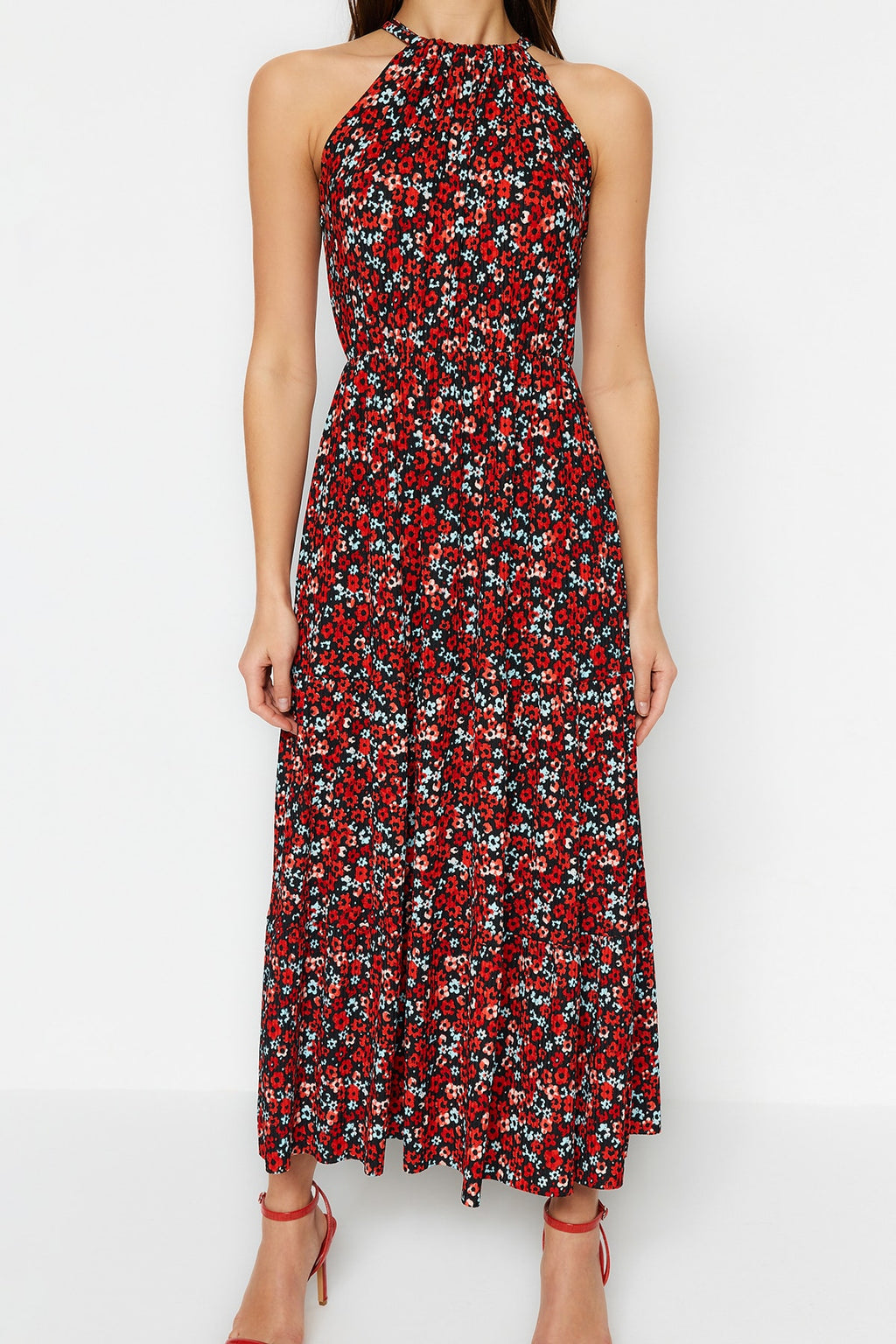 Çok Renkli Çiçek Desenli Boyundan Bağlamalı Baskılı A-Line Maxi Örme Elbise TWOSS23EL00705