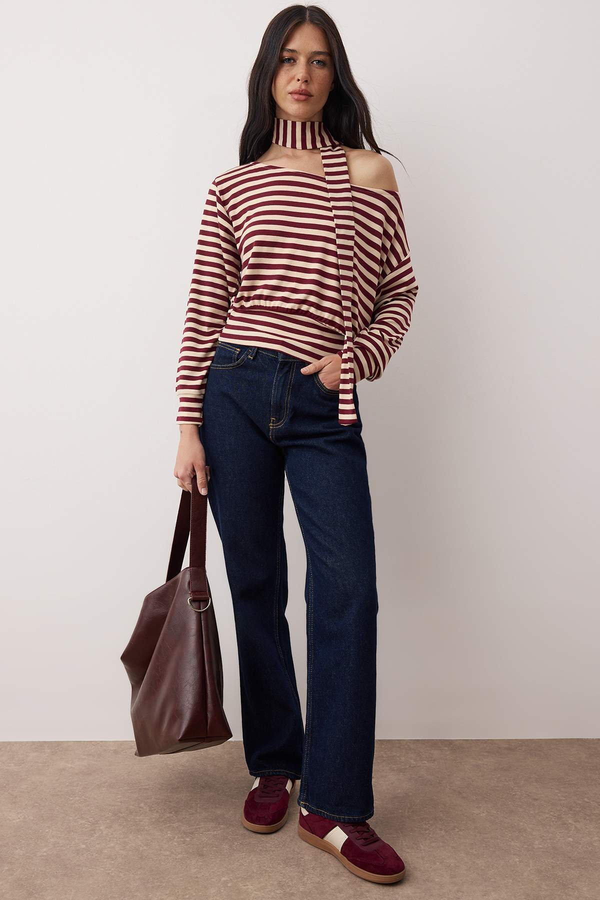 Çok Renkli Çizgili Açık Omuzlu Şal Aksesuar Detaylı Regular/Normal Kalıp Örme Bluz TWOAW26BZ00308 Secondary image