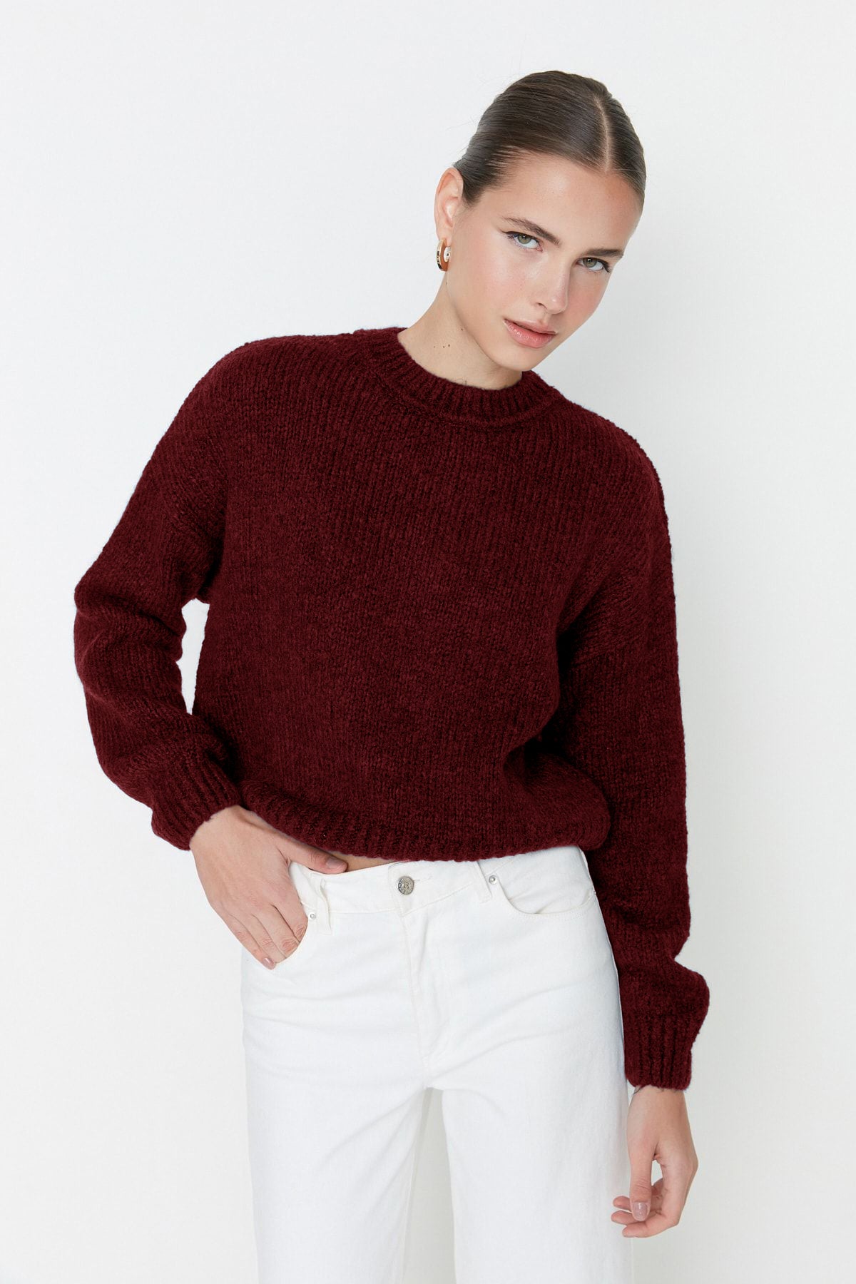 Bordo Geniş Kalıp Yumuşak Dokulu Basic Triko Kazak TWOAW23KZ00185 Main image