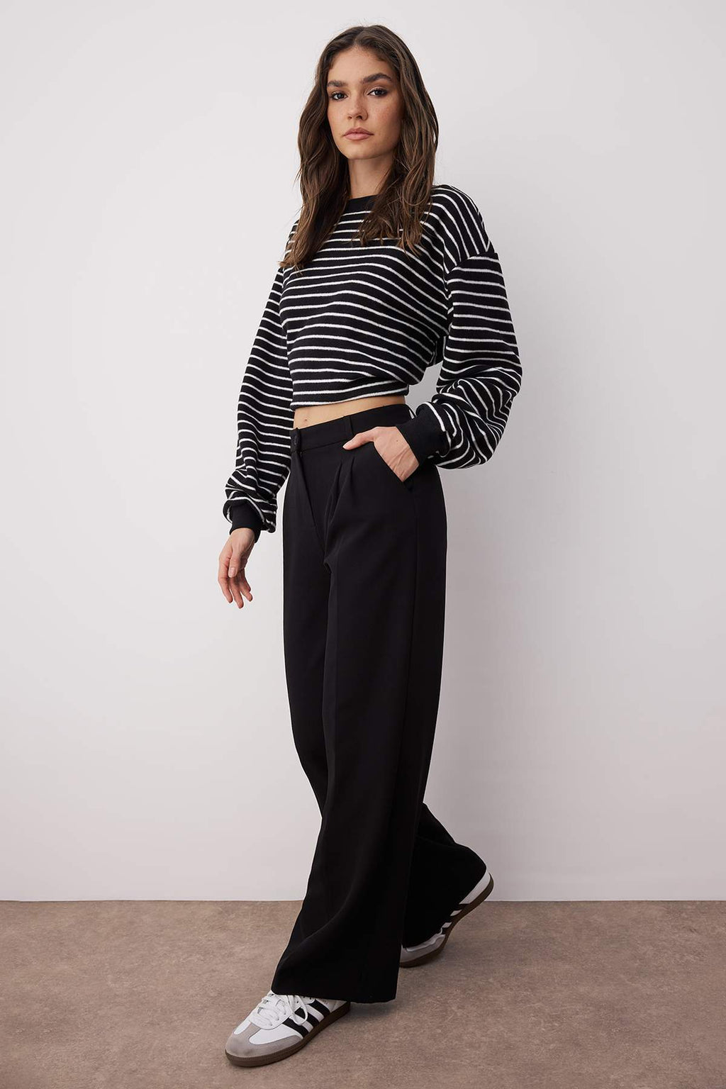 Siyah Pilili Wide Leg/Geniş Paça Dokuma Pantolon TWOAW25PL00109 Palazzo