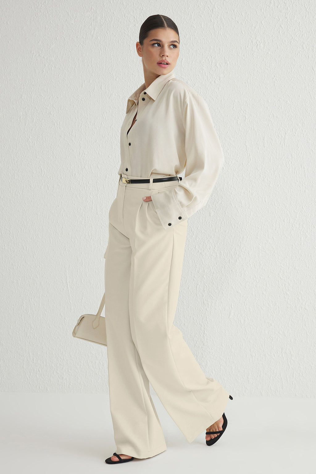 Ekru Pilili Wide Leg/Geniş Paça Dokuma Pantolon TWOAW25PL00109 Palazzo