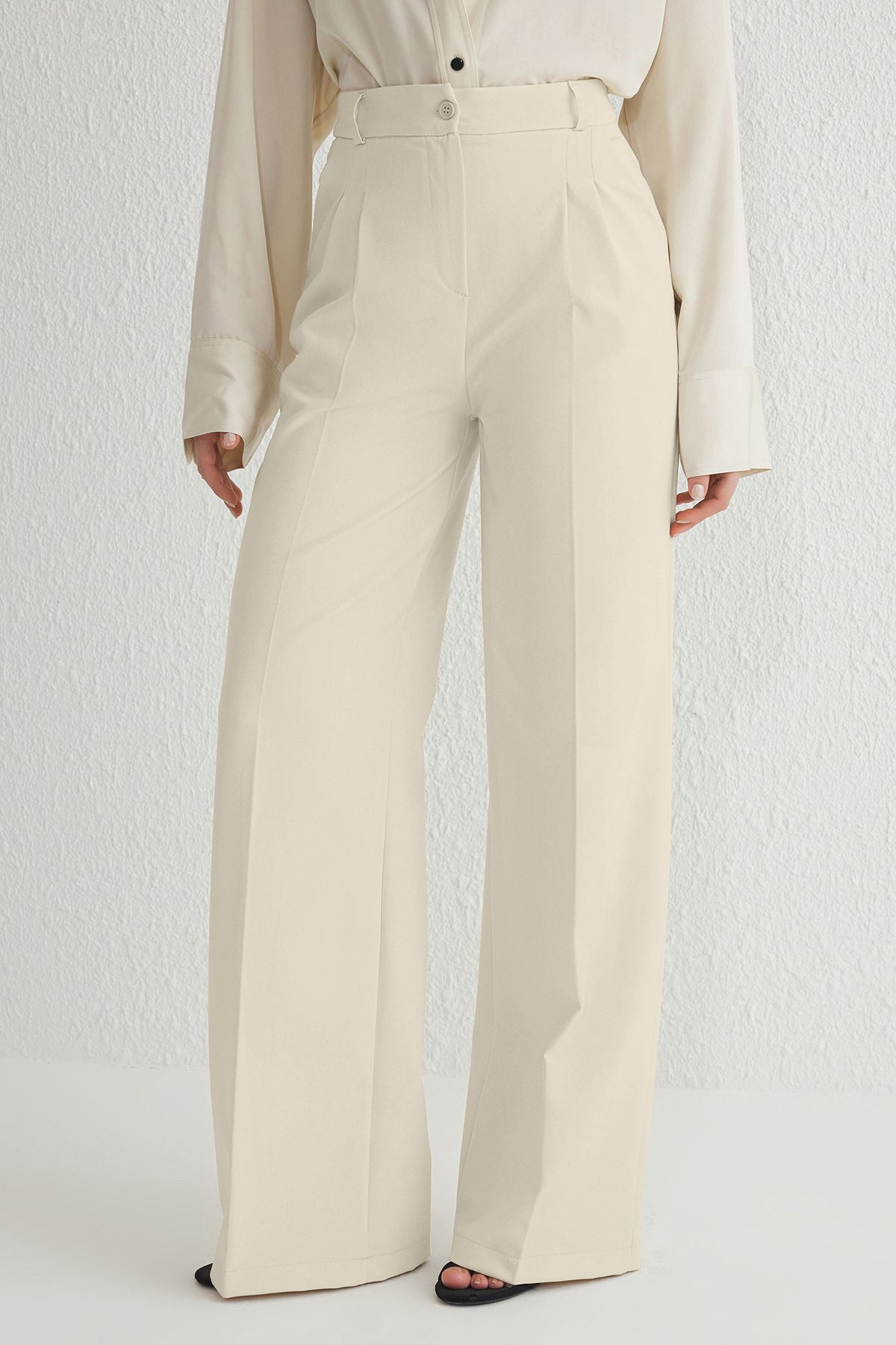 Ekru Pilili Wide Leg/Geniş Paça Dokuma Pantolon TWOAW25PL00109 Palazzo