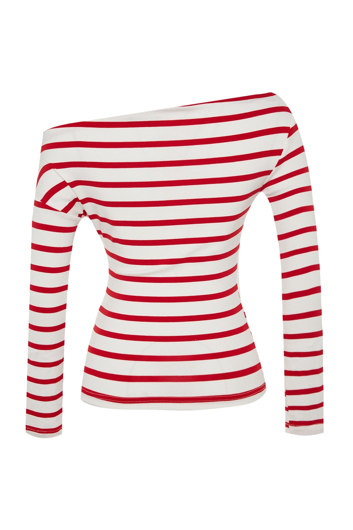 Kırmızı Çizgili Premium Yumuşak Kumaşlı Fitted/Vücuda Oturan Kayık Yaka Örme Bluz TWOAW24BZ00227