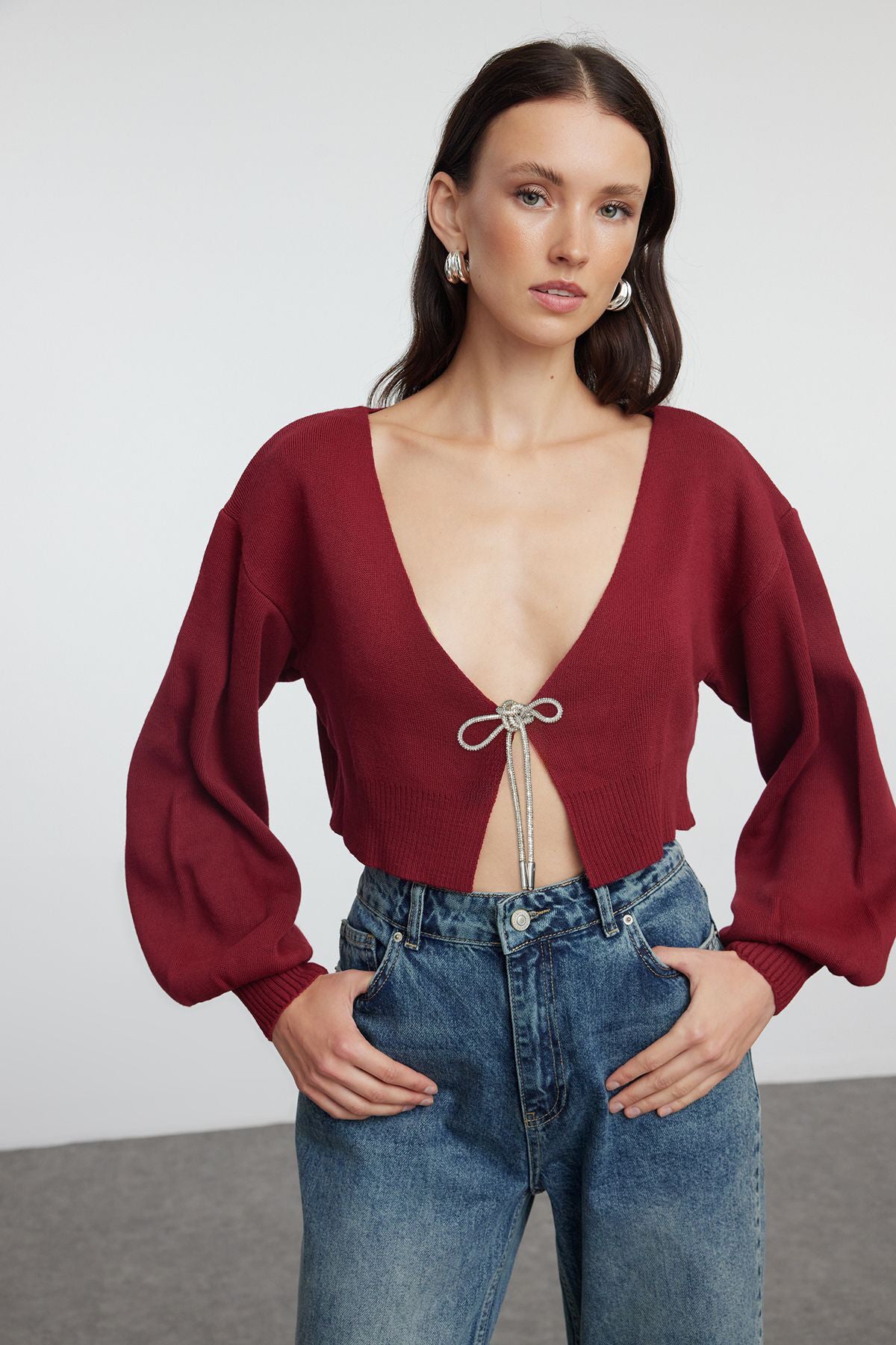 Bordo Süper Crop Basic Fiyonklu Triko Hırka TWOAW24HI00315 Secondary image