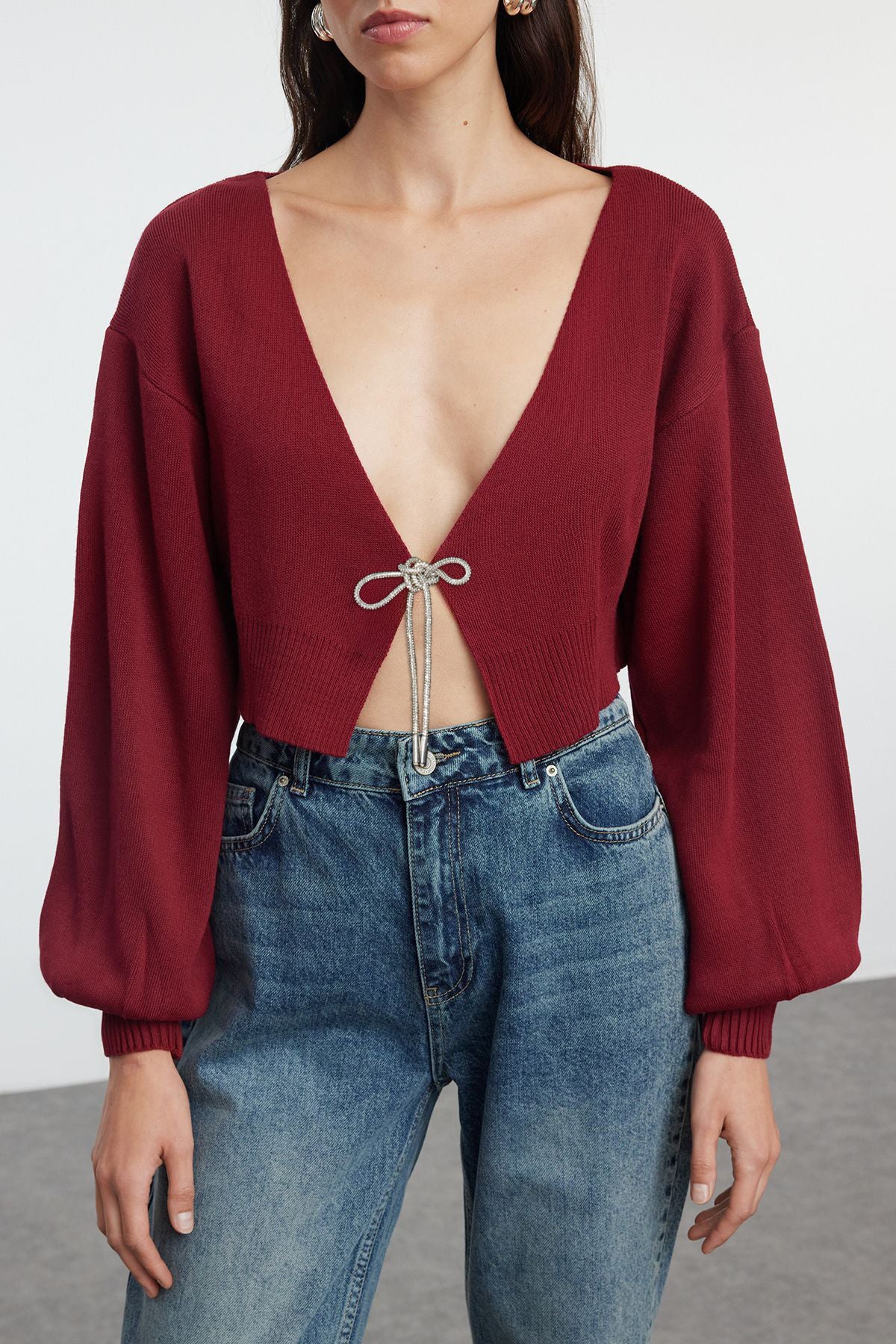 Bordo Süper Crop Basic Fiyonklu Triko Hırka TWOAW24HI00315