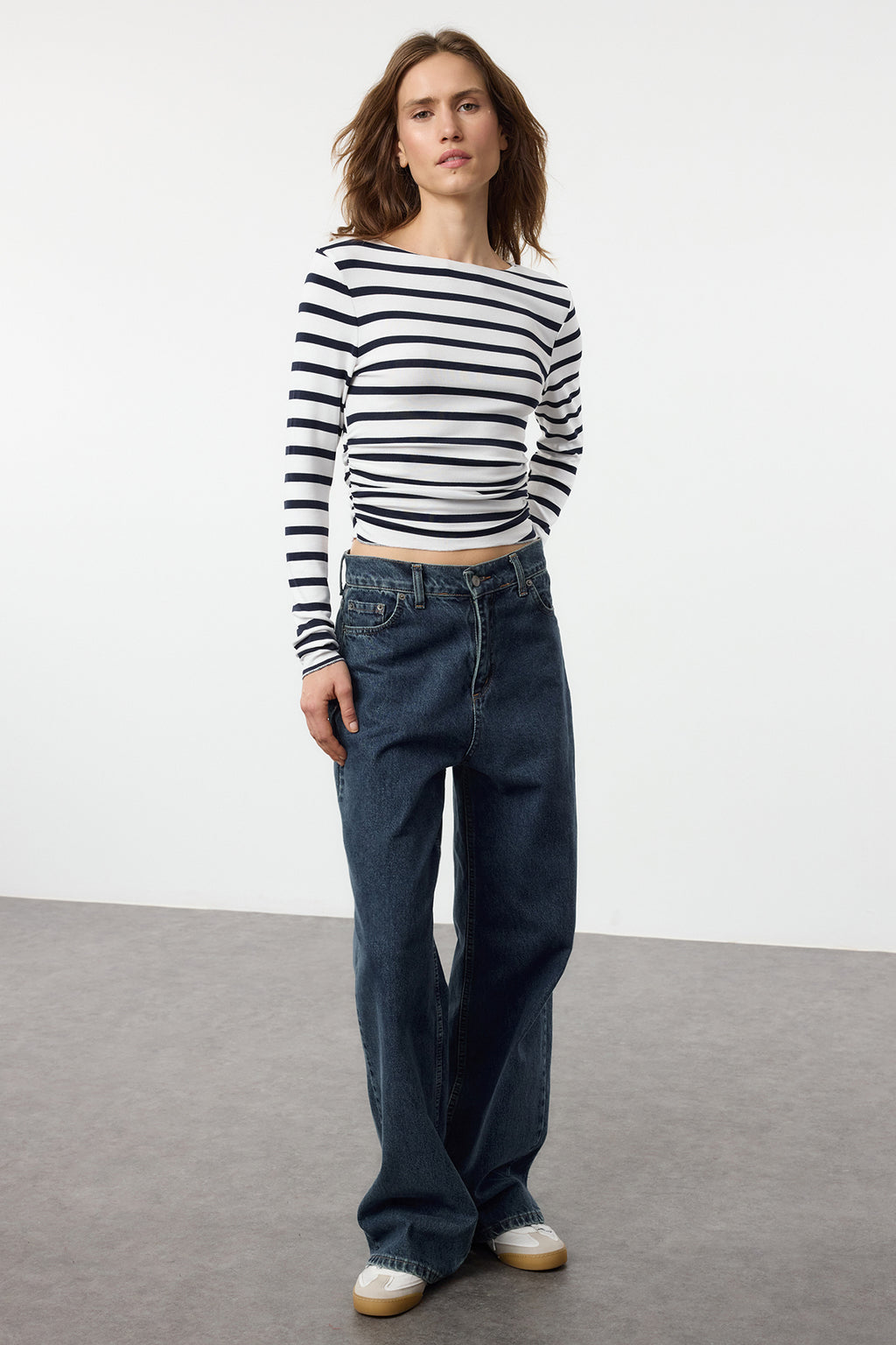 Lacivert*001 Çizgili Fitted/Vücuda Oturan Büzgü/Drape Detaylı Esnek  Örme Bluz TWOAW25BZ00225