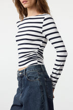 Lacivert*001 Çizgili Fitted/Vücuda Oturan Büzgü/Drape Detaylı Esnek  Örme Bluz TWOAW25BZ00225