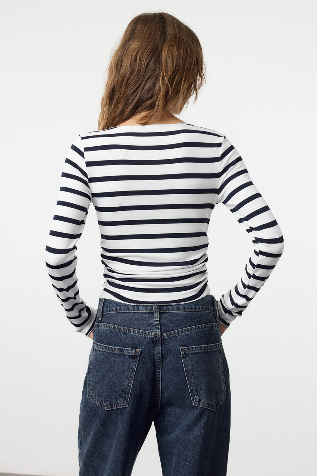 Lacivert*001 Çizgili Fitted/Vücuda Oturan Büzgü/Drape Detaylı Esnek  Örme Bluz TWOAW25BZ00225
