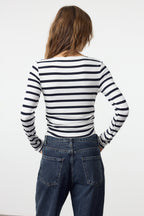 Lacivert*001 Çizgili Fitted/Vücuda Oturan Büzgü/Drape Detaylı Esnek  Örme Bluz TWOAW25BZ00225