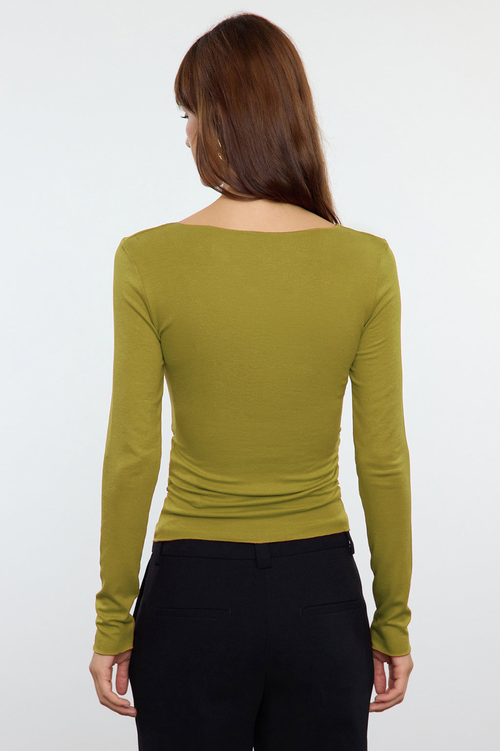 Yağ Yeşili Fitted/Vücuda Oturan Büzgü Detaylı Esnek Örme Bluz TWOAW25BZ00225