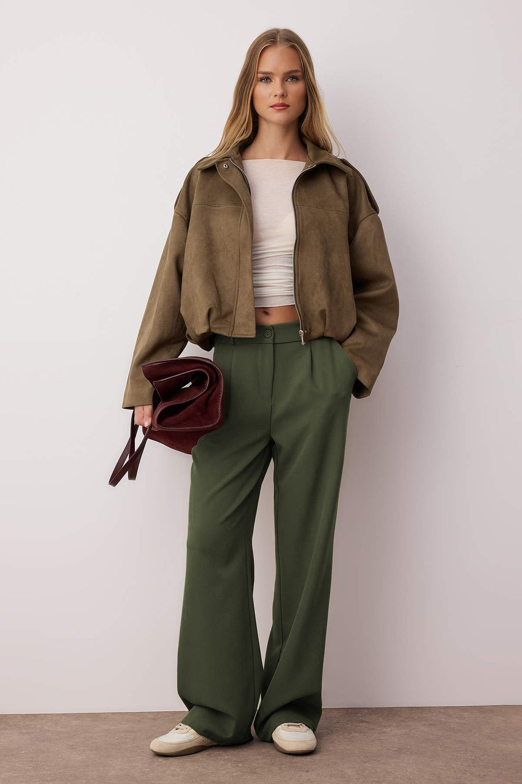 Açık Haki Yüksek Bel Wide Leg/Geniş Paça Pilili Dokuma Kumaş Pantolon TWOAW21PL0076