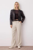 Taş Yüksek Bel Wide Leg Geniş Paça Pilili Dokuma Kumaş Pantolon TWOAW21PL0076