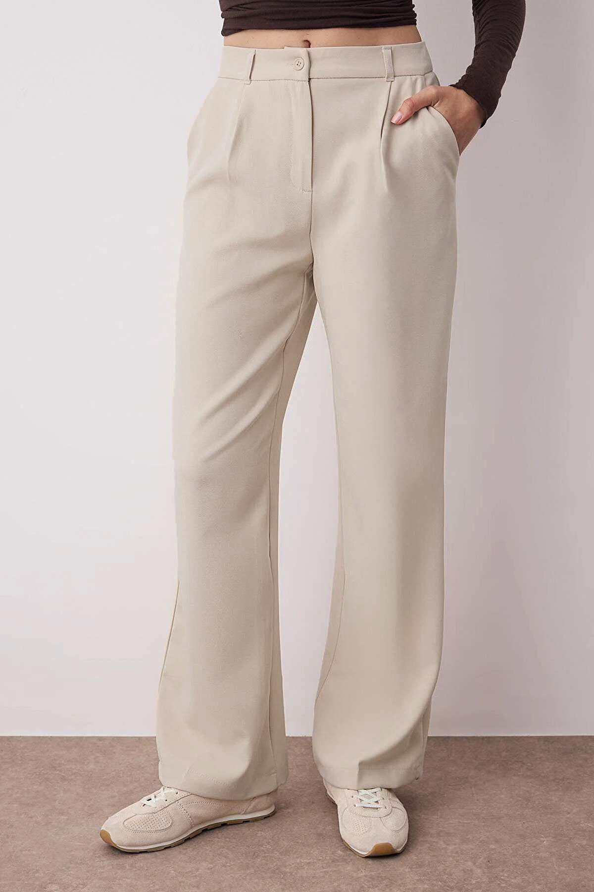 Taş Yüksek Bel Wide Leg Geniş Paça Pilili Dokuma Kumaş Pantolon TWOAW21PL0076