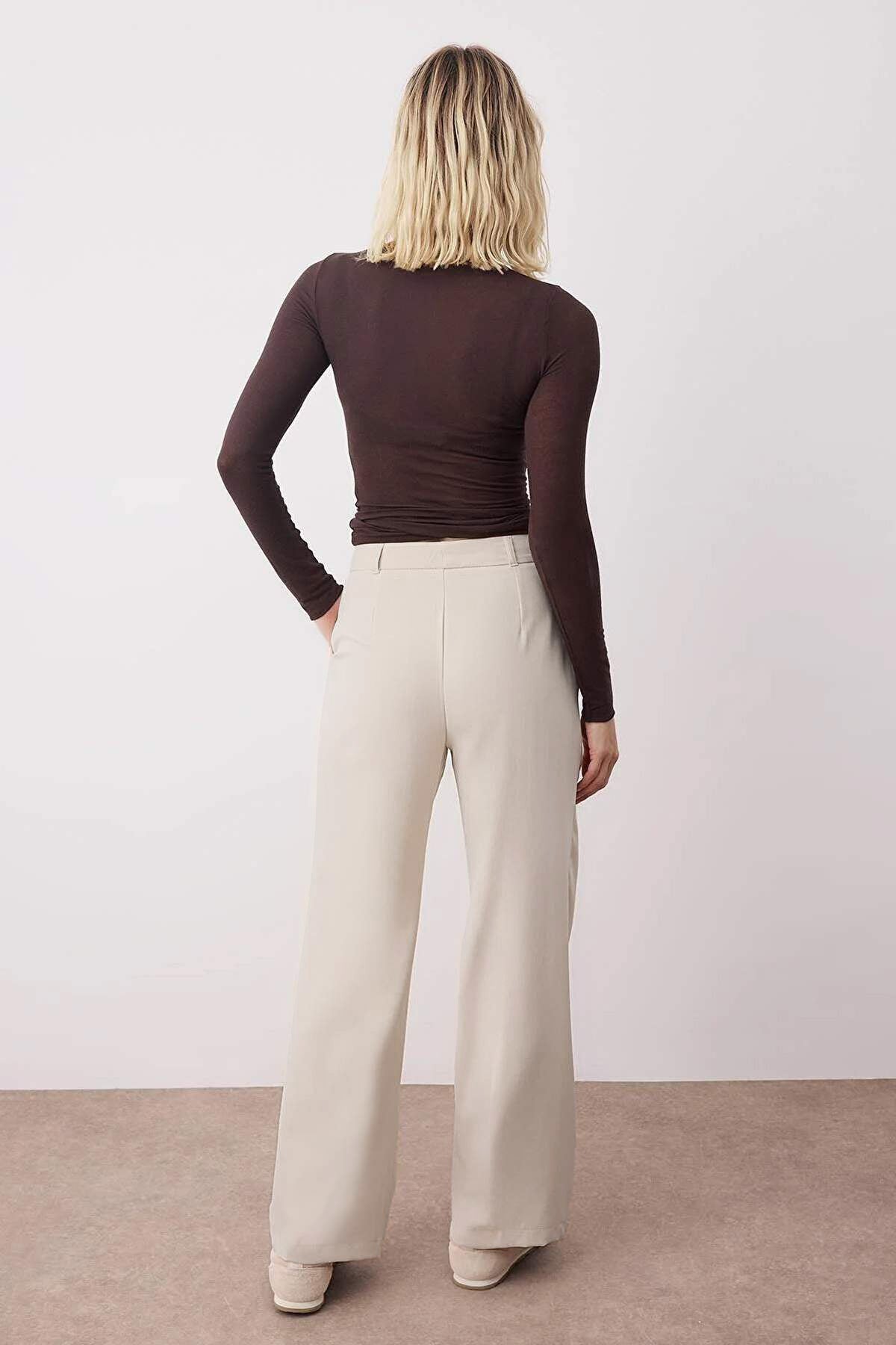 Taş Yüksek Bel Wide Leg Geniş Paça Pilili Dokuma Kumaş Pantolon TWOAW21PL0076