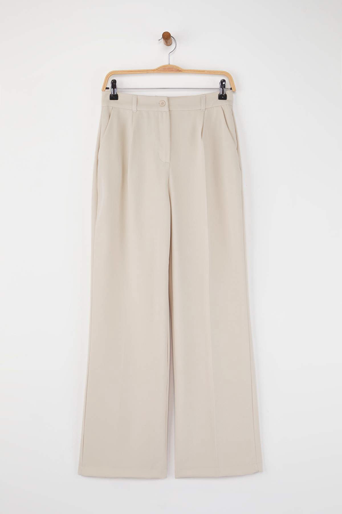 Taş Yüksek Bel Wide Leg Geniş Paça Pilili Dokuma Kumaş Pantolon TWOAW21PL0076