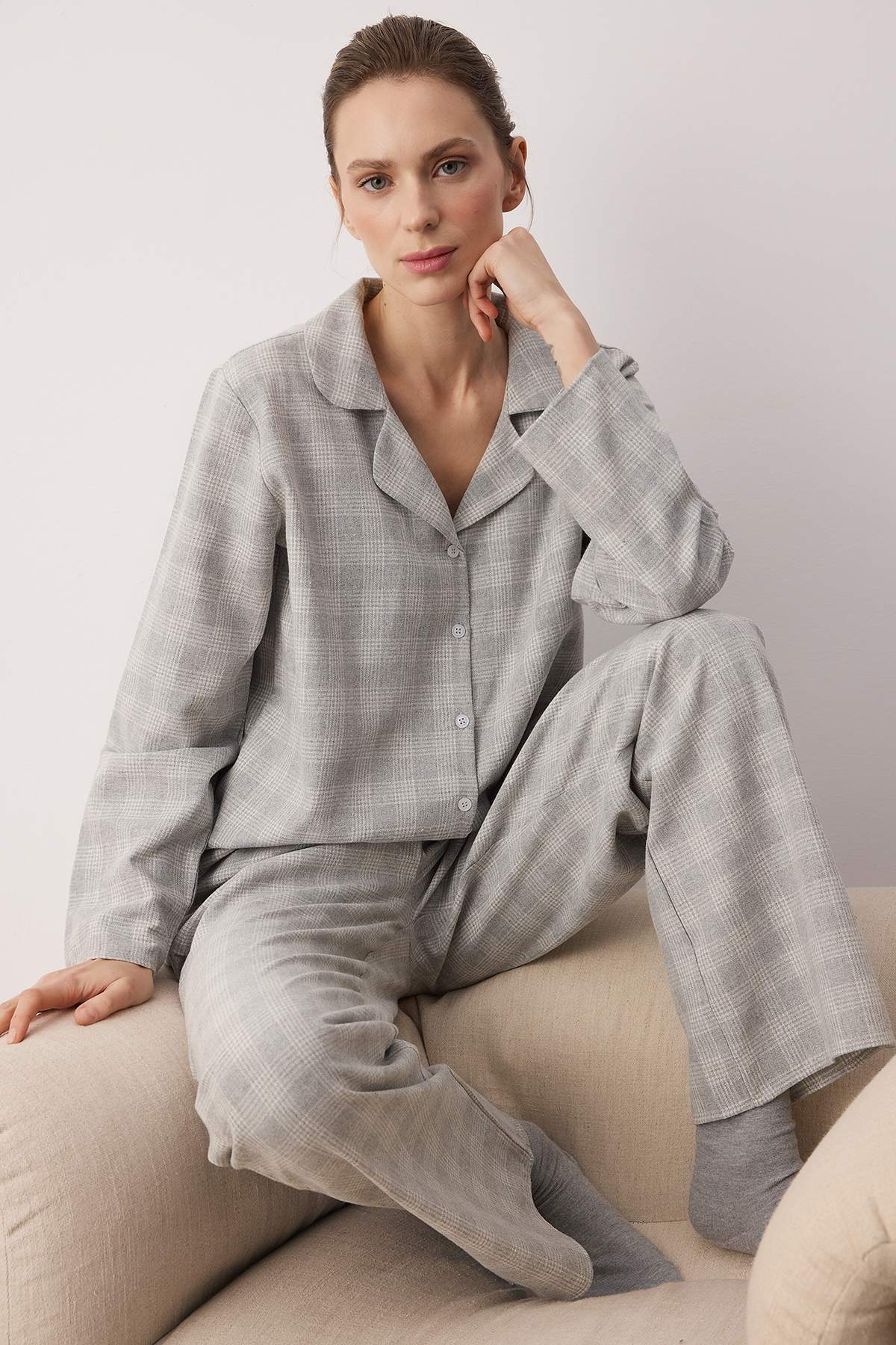 Gri Ekose / Kareli Flanel Dokuma Pijama Takımı THMAW26PT00196 Main image