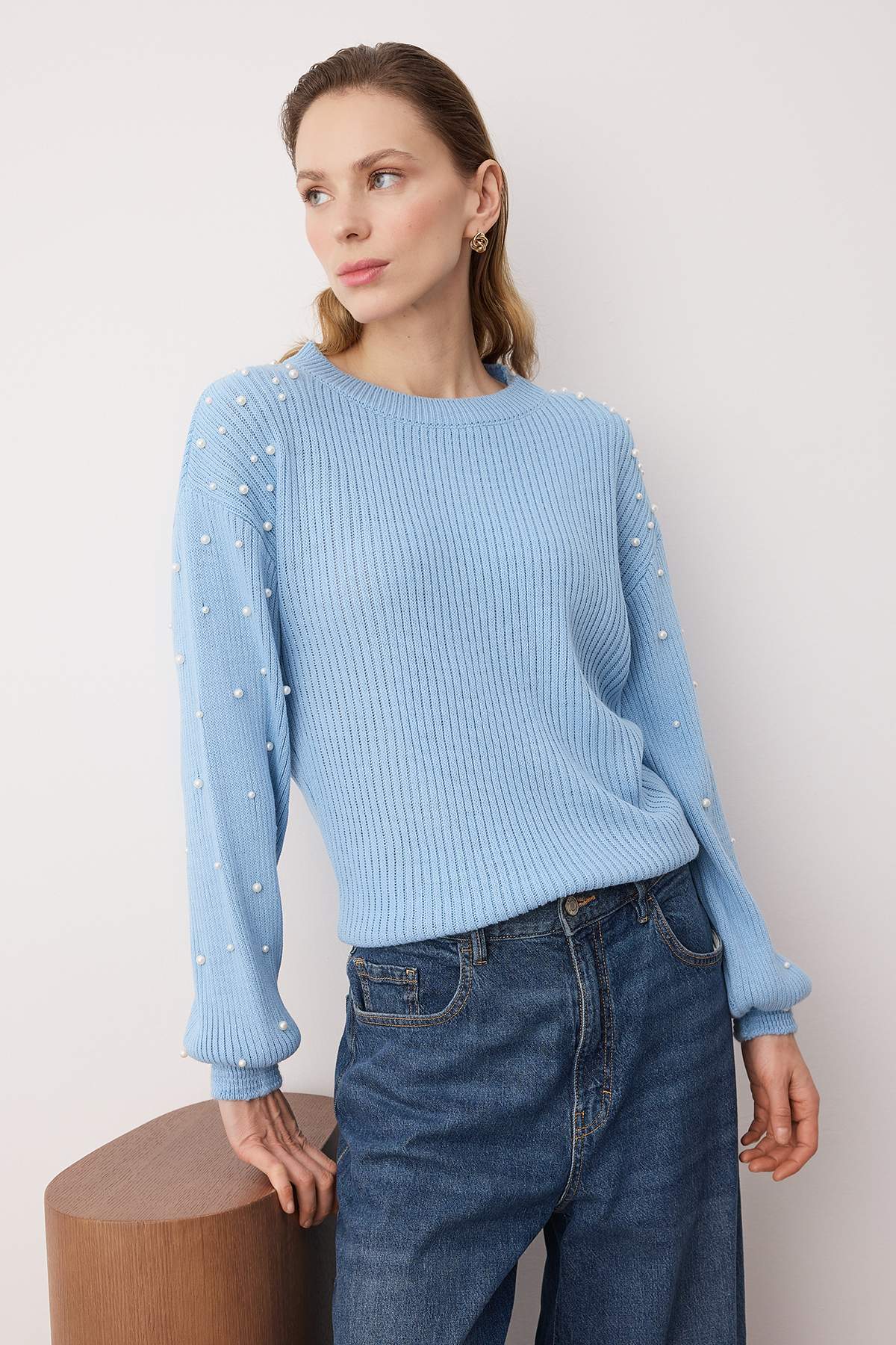 Açık Mavi İnci Detaylı Bisiklet Yaka Triko Kazak TWOAW22KZ1493 Secondary image