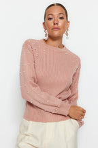 Pudra İnci Detaylı Bisiklet Yaka Triko Kazak TWOAW22KZ1493