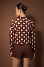 Kahverengi Baklava/Ekose Desenli Bisiklet Yaka Crop Triko Hırka TWOAW26HI00239