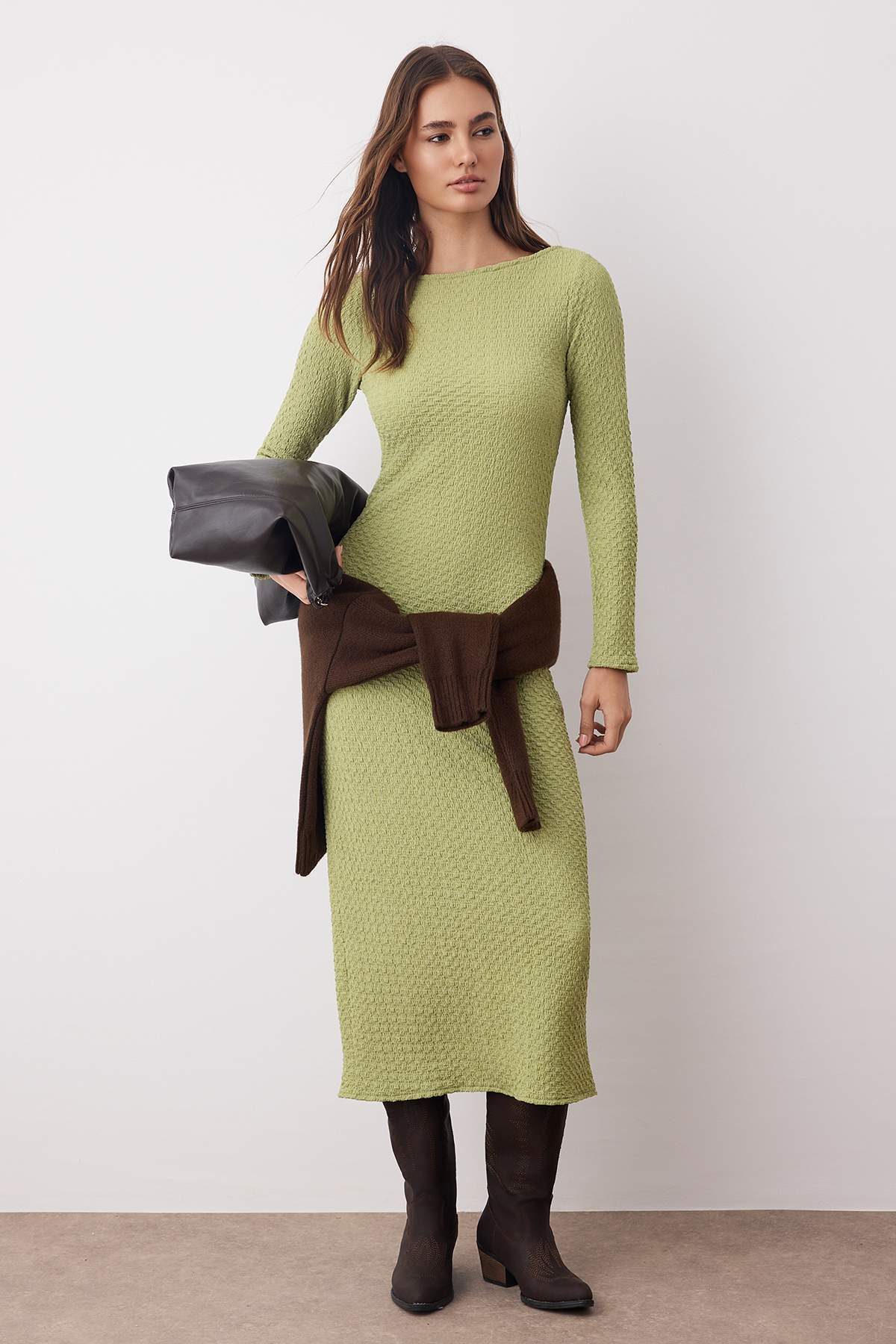 Haki Düz Dokulu Fitted/Vücuda Oturan Maxi Örme Elbise TWOAW25EL00097 Main image