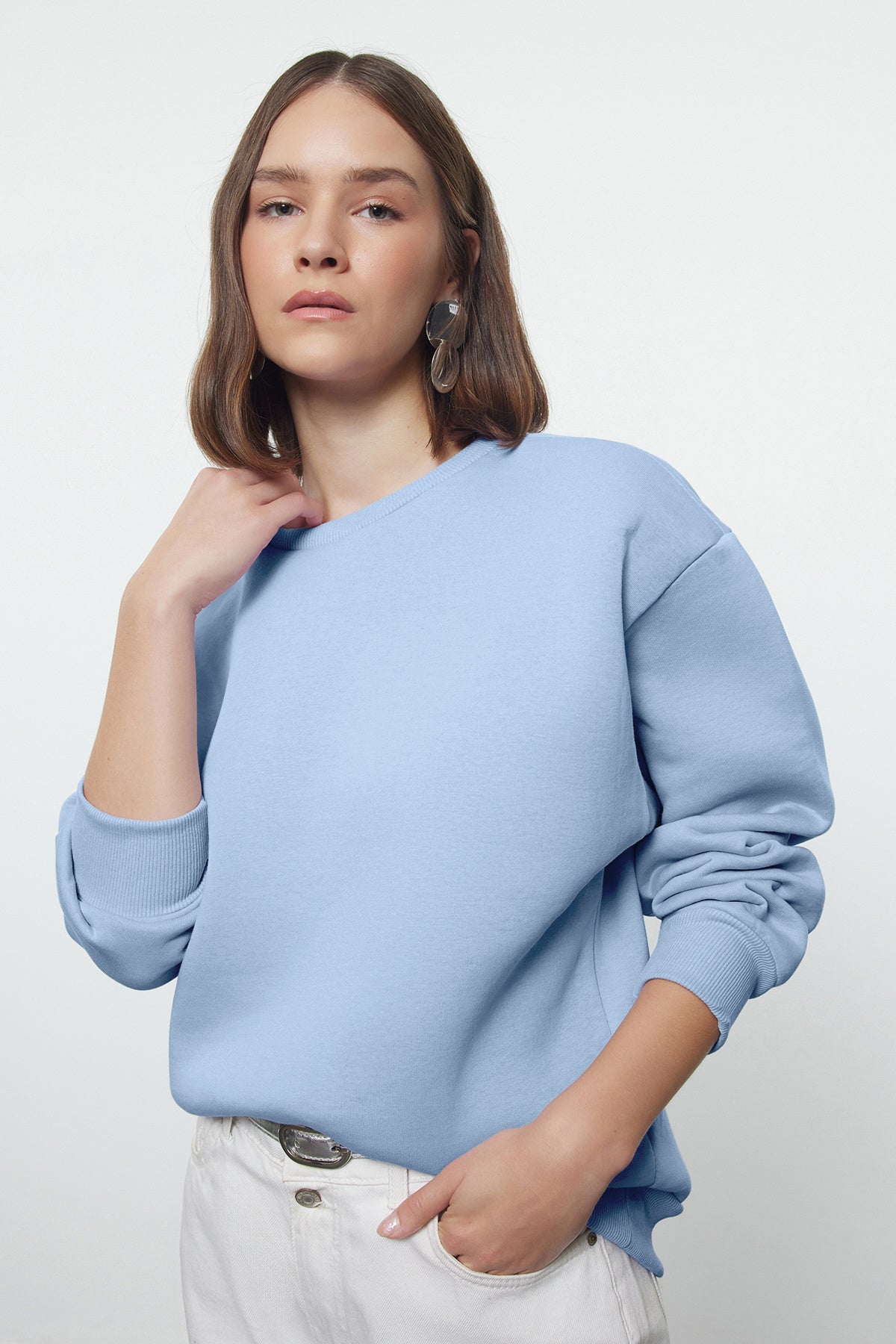 Açık Mavi Kalın İçi Polarlı Regular/Normal Kalıp Bisiklet Yaka Basic Örme Sweatshirt TWOAW24SW00101 Secondary image