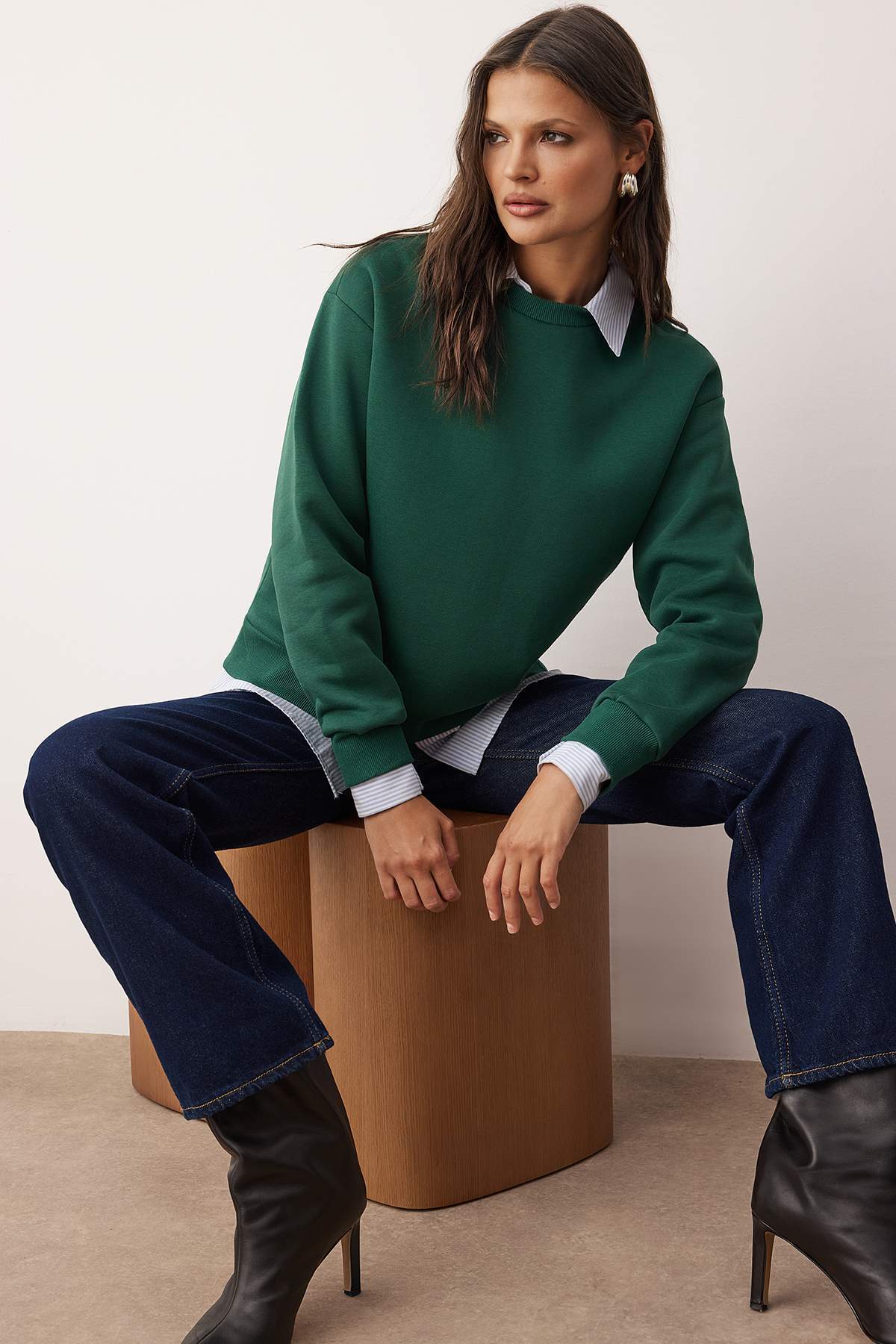 Zümrüt Yeşili Kalın İçi Polarlı Regular Kalıp Bisiklet Yaka Basic Örme Sweatshirt TWOAW24SW00101 Secondary image