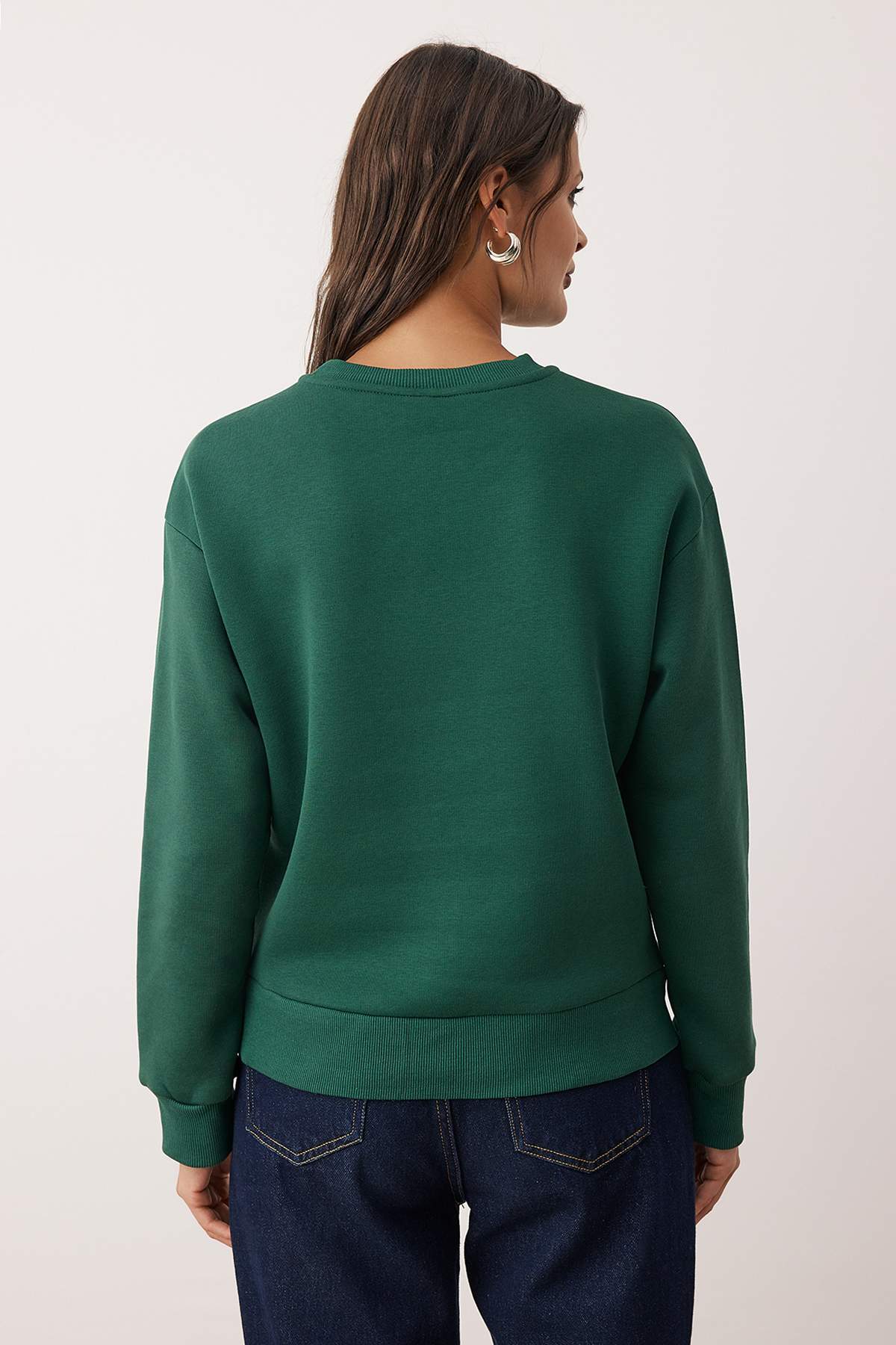 Zümrüt Yeşili Kalın İçi Polarlı Regular Kalıp Bisiklet Yaka Basic Örme Sweatshirt TWOAW24SW00101
