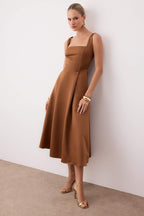 Kahverengi A-Kesim Saten Dokuma Şık Abiye Gece Mezuniyet Elbisesi TPRAW25EL00040