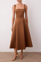 Kahverengi A-Kesim Saten Dokuma Şık Abiye Gece Mezuniyet Elbisesi TPRAW25EL00040