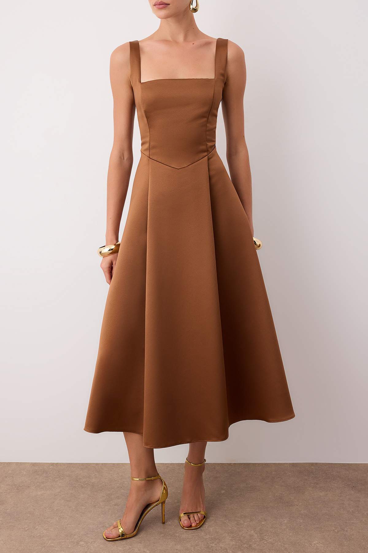 Kahverengi A-Kesim Saten Dokuma Şık Abiye Gece Mezuniyet Elbisesi TPRAW25EL00040