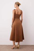 Kahverengi A-Kesim Saten Dokuma Şık Abiye Gece Mezuniyet Elbisesi TPRAW25EL00040