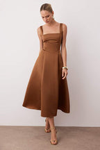 Kahverengi A-Kesim Saten Dokuma Şık Abiye Gece Mezuniyet Elbisesi TPRAW25EL00040