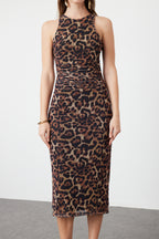 Kahverengi Çok Renkli Hayvan Desenli Leopar Örme Tül Şık Abiye Elbise TPRSS24EL00202