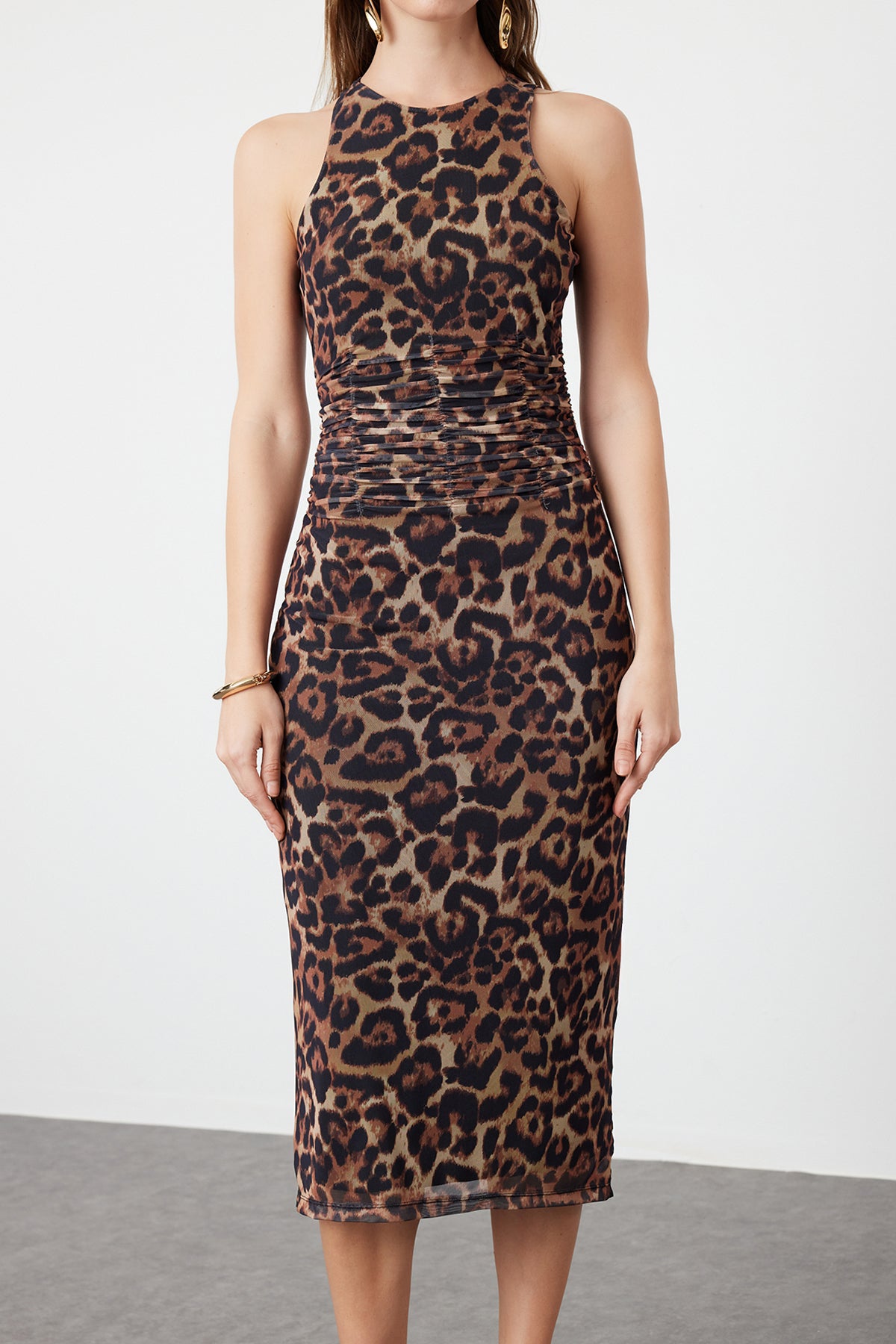 Kahverengi Çok Renkli Hayvan Desenli Leopar Örme Tül Şık Abiye Elbise TPRSS24EL00202