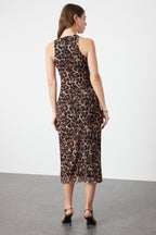 Kahverengi Çok Renkli Hayvan Desenli Leopar Örme Tül Şık Abiye Elbise TPRSS24EL00202